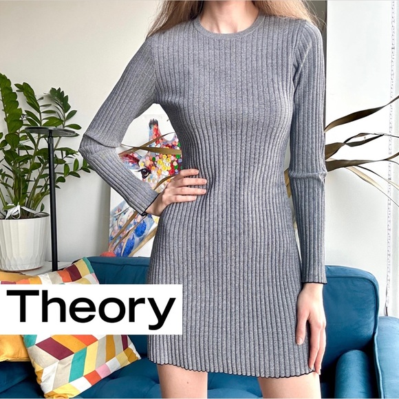 Theory Dresses & Skirts - Theory Ardesia Gray Ribbed Knit Crewneck Longsleeve Fit & Flare Sweater Dress S